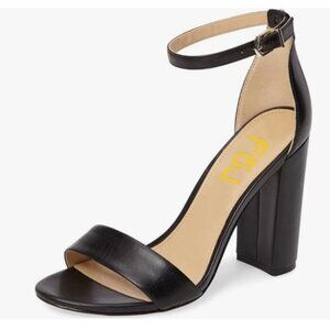 FSJ Black Chunky High Heel Sandals Open Toe Ankle Strap Single Band Dress Shoe